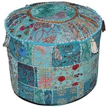 Funda para taburete Online Big Bazar con diseño étnico de la India y retro en color turquesa, decorado con bordado y parches, 58 cm x 33 cm