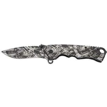 THIRD Navaja asistida K1924, Mango de Acero Recubierto en Camo con Motivos de Pistolas, escopetas y Rifles, Hoja de Acero 420 de 10.5 cm, con Clip