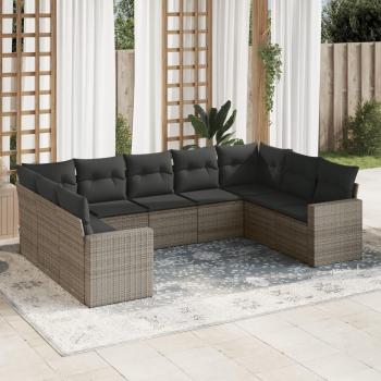 9-Piece Grey Poly Rattan Garden Sofa Set with Cushions