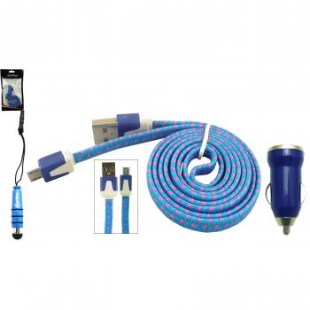 Emartbuy Trenzado Piso Trio Paquete para Samsung Galaxy Young 2- Azul Conector para cargador de coche USB 1 Amp + Azul Mini Metallic Lápiz Óptico + Trenzado Azul / Rosa Cable Plano Antienredos para Transferencia de Datos y Cargador Micro USB Sync