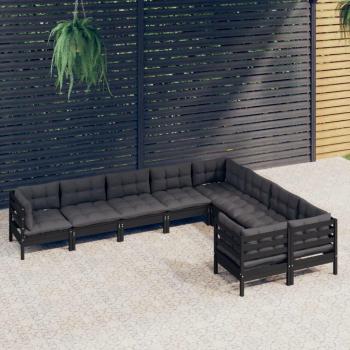Conjunto de muebles de jardín 9 piezas con cojines de madera de pino negro sólido