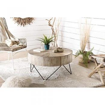 Mesa de centro redonda 90x90cm de madera de teca natural con patas metálicas negras estilo escandinavo