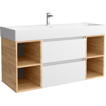 Mueble de baño Bequia 120 cm Blanco con 2 cajones, 2 coquetas laterales en Roble y Lavabo de Porcelana