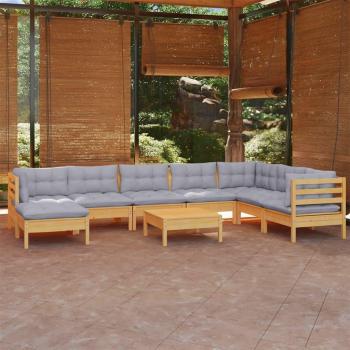 9-Piece Solid Pine Garden Lounge Set with Grey Cushions