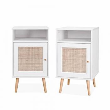Conjunto de 2 mesitas de noche escandinavas de caña y mimbre, set Bohemia, color blanco, dimensiones 39x40x70 cm, con 2 niveles, 1 puerta, 1 espacio de