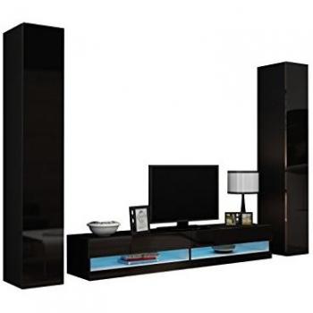 Conjunto de salón moderno Charlotte A112, negro brillante, con mesa de TV y equipo adicional, aglomerado laminado y MDF, 180 x 40 cm