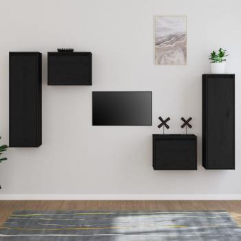 Muebles de soporte de TV 4 piezas de Madera de Pino Macizo Negro