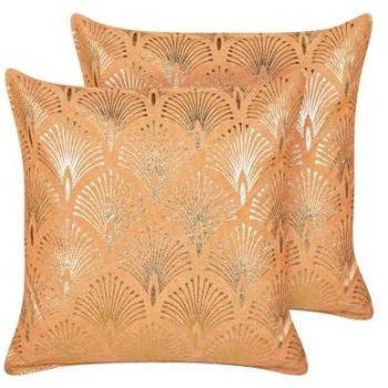 Conjunto de 2 cojines de algodón naranja con diseño geométrico dorado, hecho a mano, funda extraíble, 45 x 45 cm