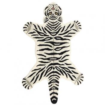 Alfombra Infantil de Lana con Estampado de Tigre 100 x 160 cm, Revestimiento de Algodón, Blanco y Negro, para Habitación Infantil