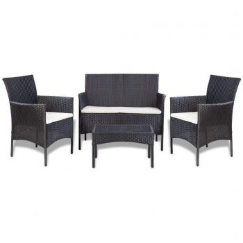 Black Poly Rattan 4-Piece Garden Lounge Set with Cushions