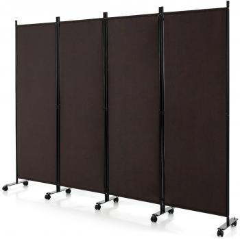 Costway 4-Panel Folding Room Divider - 6 ft. Rolling Privacy Screen with Lockable Wheels, Brown