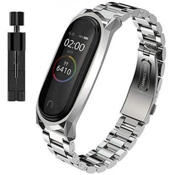 AHANGA Correa para Mi Band 3/ Mi Band 4 Correas de Metal Pulsera con Enlaces herramienta de eliminación Extensibles Reloj Wristband Repuesto Bandas de Acero Inoxidable Agradable Reemplazo Pulseras
