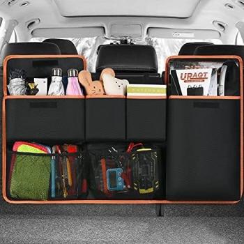 URAQT Organizador Maletero Coche, Bolsa Maletero Coche para Protector de Asiento, Trasero Almacenamiento Bolsa Gran Capacidad con 6 Bolsillos, Correa Ajustable y 3 Cinta de Fijación, 100x45cm