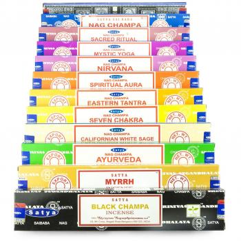 Genuine Satya Mix W 12 x 15 gramos de incienso, incluye Nag Champa, Superhit, Eastern Tantra, Spiritual Aura, Nirvana, Mystic Yoga, 7 Chakra, Sacred Ritual, White Sage, Ayurveda, Tree Of Life, Myrrh