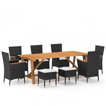 Juego de comedor para jardín 9 piezas negro Muebles Mobiliario Exterior Terraza Balcón Hogar Cocina Mesa Silla Asiento Suave Estable Duradera