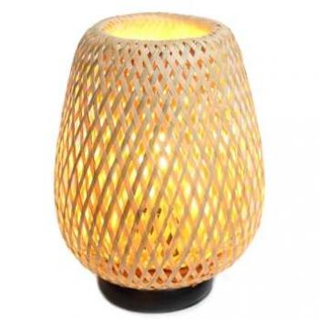 Lámpara de Mesa de Mimbre y Bambú con Luz Ambiental Contemporánea, Enchufable y con Interruptor para Sala de Estar y Dormitorios