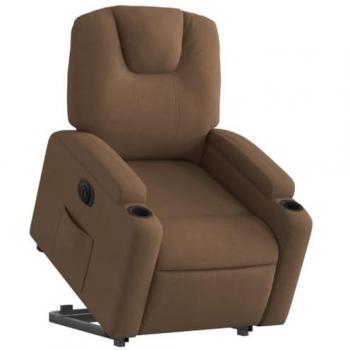 Sillón eléctrico reclinable elevable de tela marrón con respaldo, reposabrazos, asiento ajustable y función de descanso