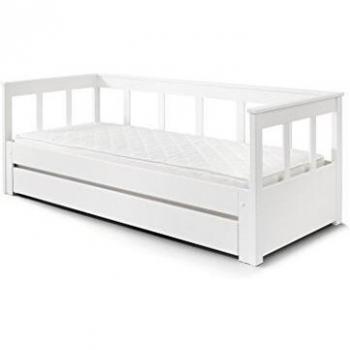 Cama funcional extensible Vipack Pino 90x200 cm, madera maciza blanca, incluye cajón de almacenamiento