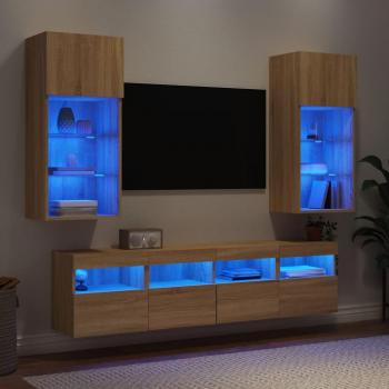 Muebles de pared para TV con LED, 5 piezas, madera multicapa roble Sonoma marrón