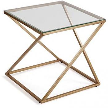 Mesa Auxiliar Moderna Versa Trento, Cristal y Metal Dorado, Medidas 51 x 51 x 51 cm