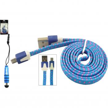 Emartbuy Trenzado Piso Duo Paquete para Samsung Galaxy Young 2- Azul Mini Metallic Lápiz Óptico + Trenzado Azul / Rosa Cable Plano Antienredos para Transferencia de Datos y Cargador Micro USB Sync