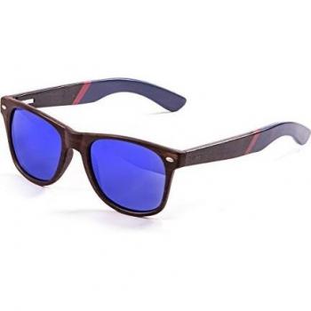 Ocean Sunglasses Beach Gafas de Sol bambú Dark Frame/Wood Dark Red/Blue Arms/Revo Blue Lens