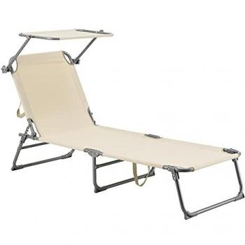 Tumbona Plegable Getaria con Toldo Ajustable, Reclinable en 4 Posiciones, Acero, 189 x 57 x 28 cm, Beige, Soporta hasta 115 kg