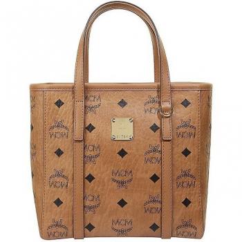MCM Mini Brown Shopper Bag with Top Zip in Cognac