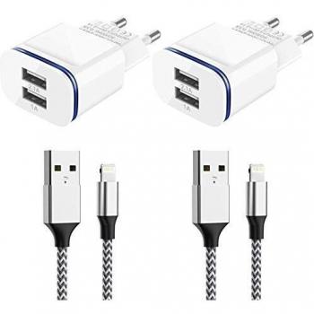 Niluoya Cargador Phone, 4-Pack 2.1A/5V 2M Cable y Dos Enchufe USB Movil de Pared Adaptador Compatible con iPhone 11 XS XS MAX XR X 8 7 6 6S Plus SE/5S/5C, iPad Air Mini Pro, iPod
