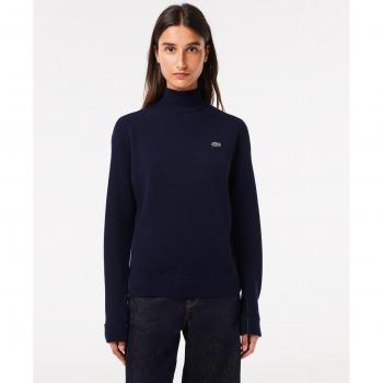 Lacoste Women's High Neck Wool Pullover Sweatshirt - Navy Blue Size S