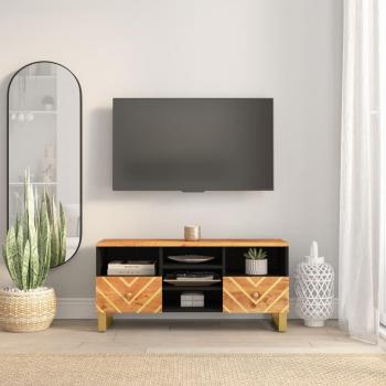 Mueble de TV de madera maciza de mango en color marrón y negro, dimensiones 100x33,5x46 cm