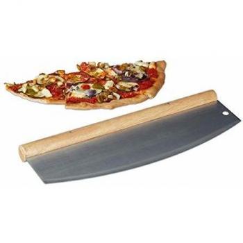 Cortapizzas Mezzaluna de Acero Inoxidable con Mango de Madera y Funda Protectora, 12 x 35 cm, Plateado