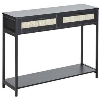 Consola Boho Negra con 2 Cajones y Frontal de Ratán, Patas de Madera de Caucho