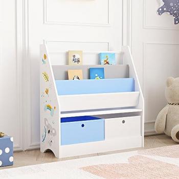 Estantería infantil Neda con diseño de koala, 74 x 71 x 23 cm, color blanco/azul/gris, incluye portalibros y cajas plegables