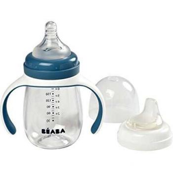 BÉABA Vaso de Aprendizaje con Boquilla para Bebe, Biberón 100 % hermético, Taza Antigoteo con pajita, Antiderrame, 2 en 1, Asas extraíbles, Resistente, Tritan y silicona, 210ml, Azul