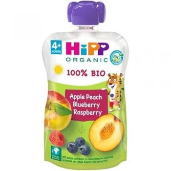 Pouches de Melocotón, Manzana y Frutos del Bosque BIO - 100g - Sin Azúcar Añadido - Apto Para Bebés A Partir de los 4 Meses