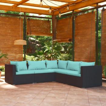 5-Piece Black Poly Rattan Garden Lounge Set with Cushions