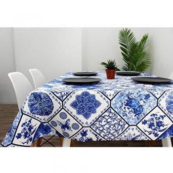 Mantel de Tela Antimanchas Impermeable y fácil de Limpiar - Mantel Lavable a Prueba de líquidos y Manchas con clásico diseño de Azulejos Azul