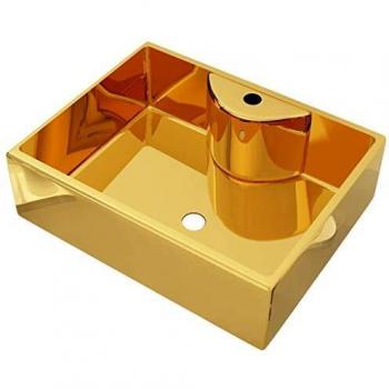 vidaXL Lavabo con Orificio para Grifo Baño Servicio Fregadero Fontanería Bricolaje Instalación Decoración Aseo Grifería 48x37x13,5 cm Cerámica Dorado