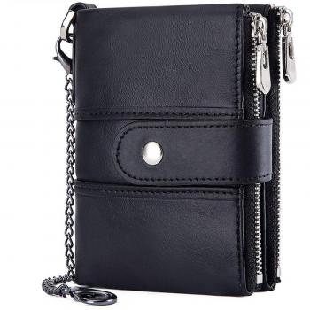 TEUEN Cartera Hombre Cuero Pequeña Billetera Cremallera para Hombre con Monedero Muchos Compartimentos, RFID Bloqueo Carteras Piel Bolsillo Hombre con Cadena 16 Ranuras para Tarjetas