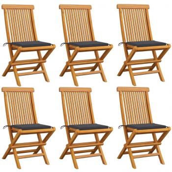 Teak Wood Garden Chairs Set with Anthracite Cushions - 6 Pieces