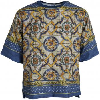 Dolce & Gabbana Multicolor Majolica Print Linen Short Sleeve T-shirt - Size S