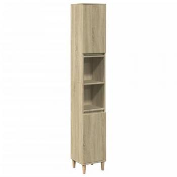 Armario de baño madera contrachapada roble Sonoma 30x30x190 cm, 2 puertas, organizador de baño, diseño elegante, muebles de baño modernos