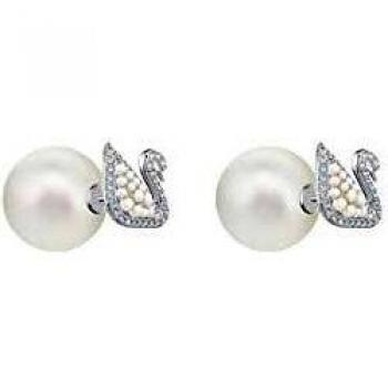 Swarovski Pendientes de botón Iconic Swan, blanco, baño de rodio