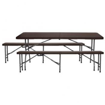 Conjunto Plegable Mesa con 2 Bancos de 180cm Catering Marrón Efecto Ratán 7house