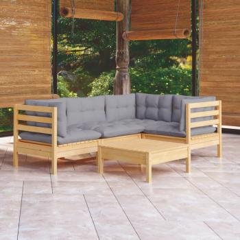 5-Piece Pinewood Garden Lounge Set with Gray Cushions