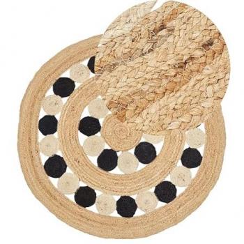 Alfombra Redonda de Yute Natural Beige y Negro 140 cm Boho Rústica Trenzada a Mano