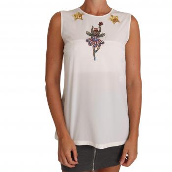 Dolce & Gabbana Fairy Tale White Silk Embellished Crystal Sequin Sleeveless Top - IT46 | L