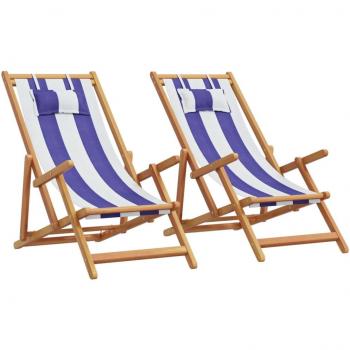 Sillas de playa plegables 2 piezas tela azul y blanca con estructura de madera maciza