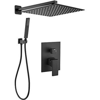 VALAZ Ducha empotrada monomando pared cuadrada negro mate serie Tajo - 25cm, Ducha Monomando 2 Vías, Rociador Efecto Lluvia, Instalación en Pared Fácil y